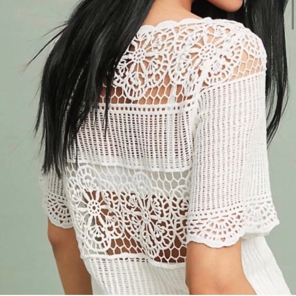 Anthropologie James Coviello White Crocheted Knit Lace Janice Top Women's Small